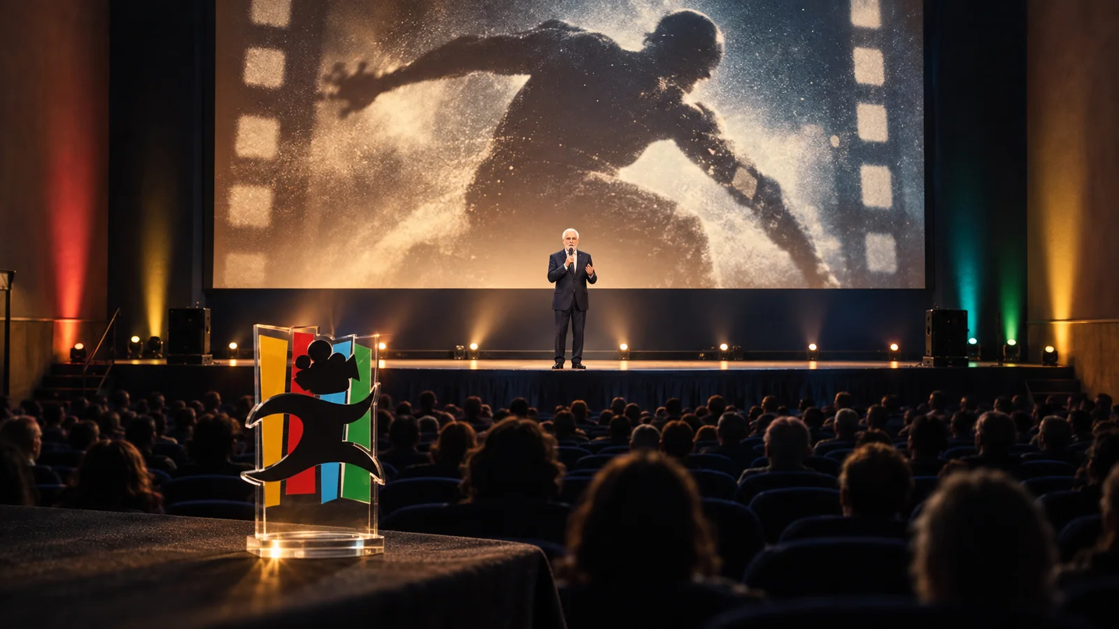 Composizione promozionale della serata di premiazione: Francesco Repice sul palco del Supercinema con la statuetta ISFF in primo piano.